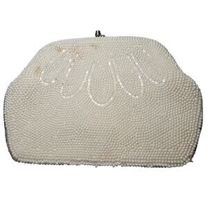 Vintage Seed Bead Clutch White Retro Evening Bag Formal Bridal Purse